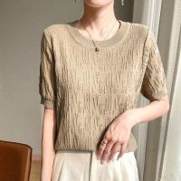 夏季女装新款曲珠冰麻丝短袖女针织衫T恤女圆领背心上衣