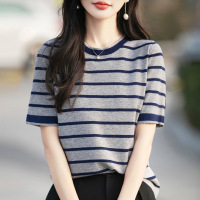 夏新款女装上衣全纯色棉针织衫短袖女T恤女圆领背心条纹