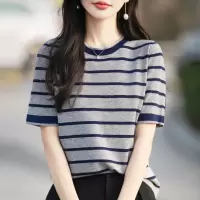 夏新款女装上衣全纯色棉针织衫短袖女T恤女圆领背心条纹