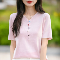 女夏季彩色纽扣V领短袖T恤针织衫2025新款短款辣妹风修身显瘦上衣
