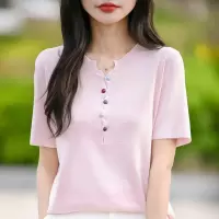 女夏季彩色纽扣V领短袖T恤针织衫2025新款短款辣妹风修身显瘦上衣
