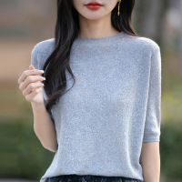 春夏新款精纺羊毛半高领女针织衫短袖蕾丝镂空高级感五分袖打底衫