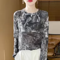 春秋圆领莱赛尔天丝套头打底T恤女宽松印花长袖休闲针织套衫毛衣