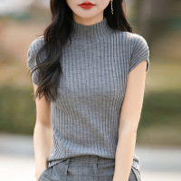 春秋薄款包袖针织衫短袖T恤上衣半高领无袖打底衫修身内搭简约