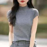 春秋薄款包袖针织衫短袖T恤上衣半高领无袖打底衫修身内搭简约