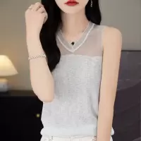 欧货无袖V领精纺羊毛针织背心女夏季新款网纱拼接微透内搭吊带潮