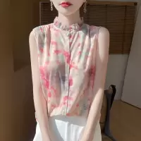 法式无袖印花衬衫女2025夏季新款洋气木耳领碎花小衫显瘦百搭上衣