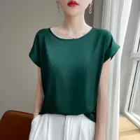 法式重磅丝滑缎面短袖T恤女夏季圆领宽松简约纯色内搭上衣
