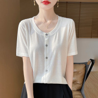 精纺圆领短袖针织开衫女薄款2025夏季新款宽松遮肚子半袖外搭上衣