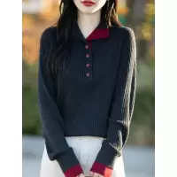 精纺羊毛立领拼色假两件针织衫女士坑条显瘦毛衣洋气减龄