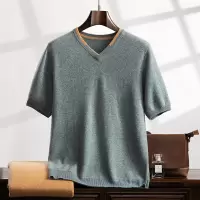 羊绒衫男士短袖T恤25秋冬v领内搭外穿休闲半袖撞色针织衫打底衫潮