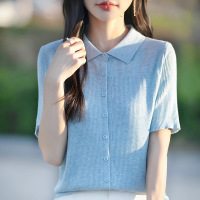 翻领抽条针织开衫短袖女夏季新款精仿羊毛Polo领T恤衫上衣短袖女