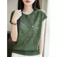 重工钉珠烫钻圆领针织短袖T恤女2025新款设计感小众无袖背心上衣