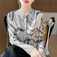 丝光25春夏季女短款圆领宽松拼色晕染薄上衣印花针织防晒开衫