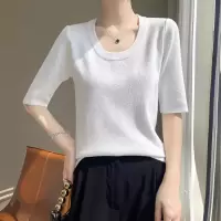 春夏新款安迪绒U领短袖T恤女薄款简约百搭修身针织打底中袖上衣