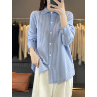 春季新款条纹针织衬衣领针织衫女polo领韩版宽松衬衫显瘦气质开衫