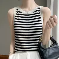 极简风时尚女士精纺羊毛背心春夏新款圆领套头针织内搭条纹吊带