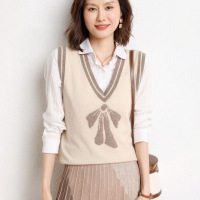 针织马甲女V领山羊绒拼色提花韩版外搭时尚休闲背心毛线坎肩