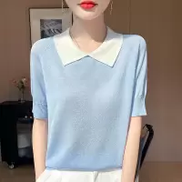 闪烁亮丝冰丝短袖T恤女针织衫新款夏季薄款宽松显瘦半袖polo领