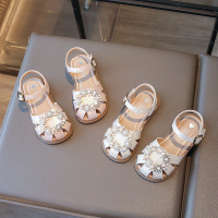 公主鞋女童夏款2025儿童水晶单鞋软底珍珠包头鞋魔术贴女宝宝凉鞋