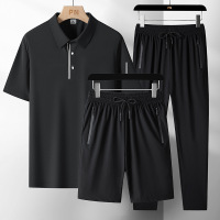 夏季POLO冰爽休闲男冰丝套装短袖长裤新款休闲网红同款大码三件套