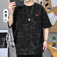 夏季新款潮流印花绣花圆领T恤男宽松休闲百搭国潮 学生男上衣短袖