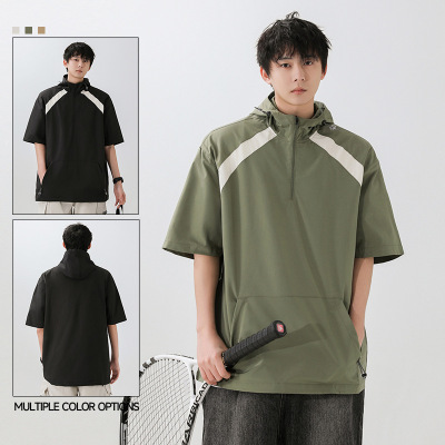 夏季男装新款工装短袖户外T恤连帽衫宽松短袖休闲百搭T恤速干男生