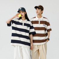 日系港风男上衣T恤短袖夏季宽松情侣新款潮流网红同款条纹polo衫