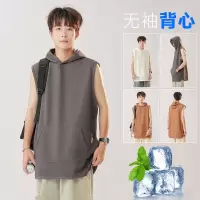 男士华夫格复古针织连帽衫背心纯色休闲无袖背心T恤运动健身百搭