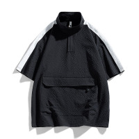 男装夏季新款休闲短袖T恤衬衫美式潮牌大码痞帅半拉链上衣男宽松