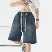 夏季新款男士韩版松紧车标牛仔短裤潮网红同款宽松大码百搭五分裤