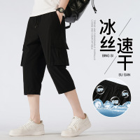 男装夏季新款休闲冰丝运动七分裤男工装抽绳弹力速干潮流宽松中裤