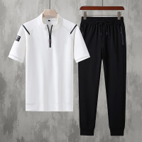 男装夏季新款运动套装男士立领短袖休闲运动服纯色两件套青年套装