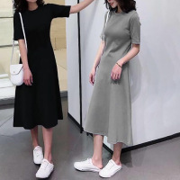 夏季新款短袖中长款连衣裙女装修身百搭冷淡风纯色过膝a字裙