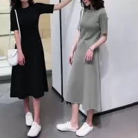 夏季新款短袖中长款连衣裙女装修身百搭冷淡风纯色过膝a字裙