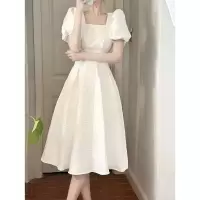 法式初恋白色大摆长裙子夏季新款方领高腰显瘦气质连衣裙女潮