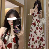法式玫瑰花印花吊带连衣裙女夏季新款纯欲风收腰显瘦a字裙潮