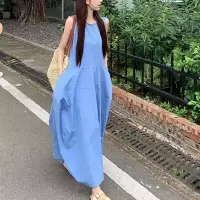 法式茶歇蓝色连衣裙女新款夏季宽松复古气质圆领无袖背心长裙子潮