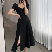 赫本风长裙气质方领复古法式泡泡袖a字夏季新款连衣裙开叉长裙子