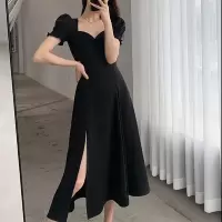 赫本风长裙气质方领复古法式泡泡袖a字夏季新款连衣裙开叉长裙子