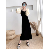 丝绒连衣裙长袖法式复古气质收腰显瘦方领泡泡袖中长款裙子秋装潮