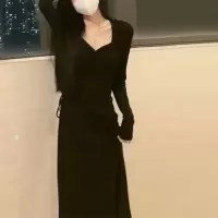 法式V领黑色长袖连衣裙女春秋季新款高级感收腰显瘦纯色打底长裙