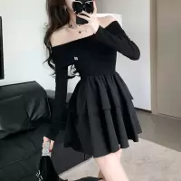 法式一字领a字短裙子长袖连衣裙女春秋装甜辣妹修身收腰小黑裙子
