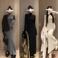 法式慵懒风高领连衣裙女装新款修身内搭中长款打底包臀裙子潮