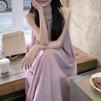 法式温柔紫色挂脖吊带连衣裙夏季女度假风宽松显瘦A字长裙子