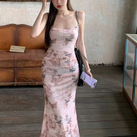 纯欲风蝴蝶印花性感吊带连衣裙女夏收腰露背绑带包臀裙长裙子新款