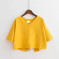 纯色后背拼接开叉V领宽松高腰短款上衣女学生绑带短袖T恤女装
