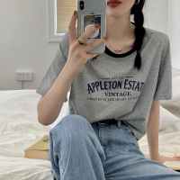 美式撞色圆领短袖T恤女休闲撞色夏季字母印花宽松短款复古上衣ins