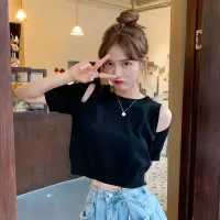 露肩设计感女式上衣打底衫女夏短款修身短袖针织T恤女装