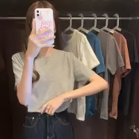 6535棉 韩版纯色复古短袖T恤女新款百搭宽松学生显瘦休闲上衣